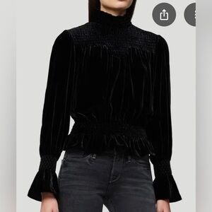 Frame Velour Black Smocked Pullover Blouse